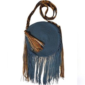 NWOT Crocheted Columbian Wayuu Round Boho Tote / color Teal /crossbody fringe